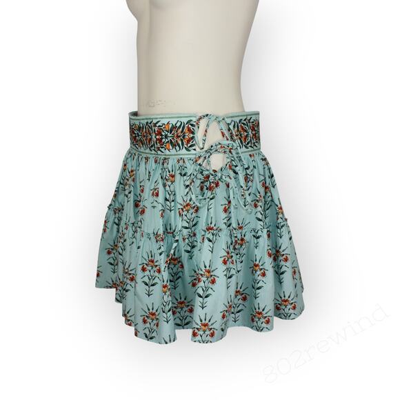 Large NEW Agua by AguaBendita Grosella Floral Tie Tiered Miniskirt Monarca Azul - Picture 4 of 11